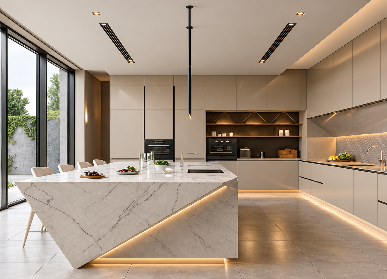 Aluminium honeycomb kitchen with marble island